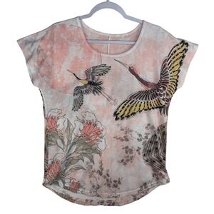 Essentials Milano Womens Crane Floral Rhinestone Burnout Top Pink White Medium